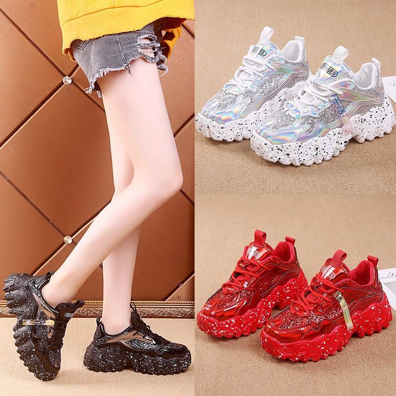 Women's Dad Shoes Spring 2026 New Korean Style Large Wave Snowflake Sole Platform Thick Sole Height-Increasing Sequin Sneakers for Women