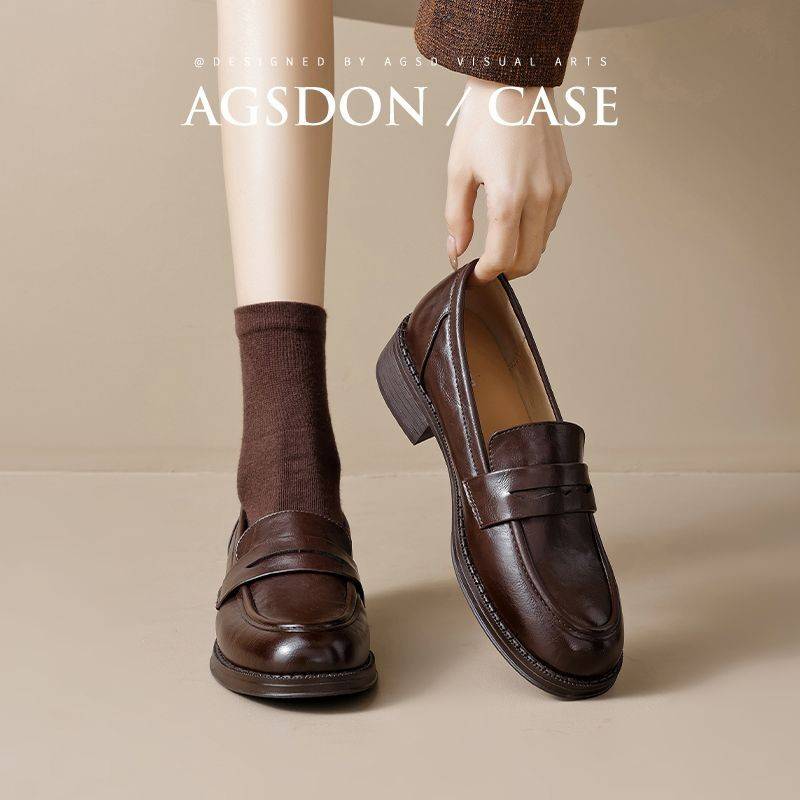 Retro Soft Leather Soft-Soled Loafers for Women, 2026 Spring and Summer New Style, Round-Toe Thick-Soled Height-Increasing Slip-On Leather Shoes