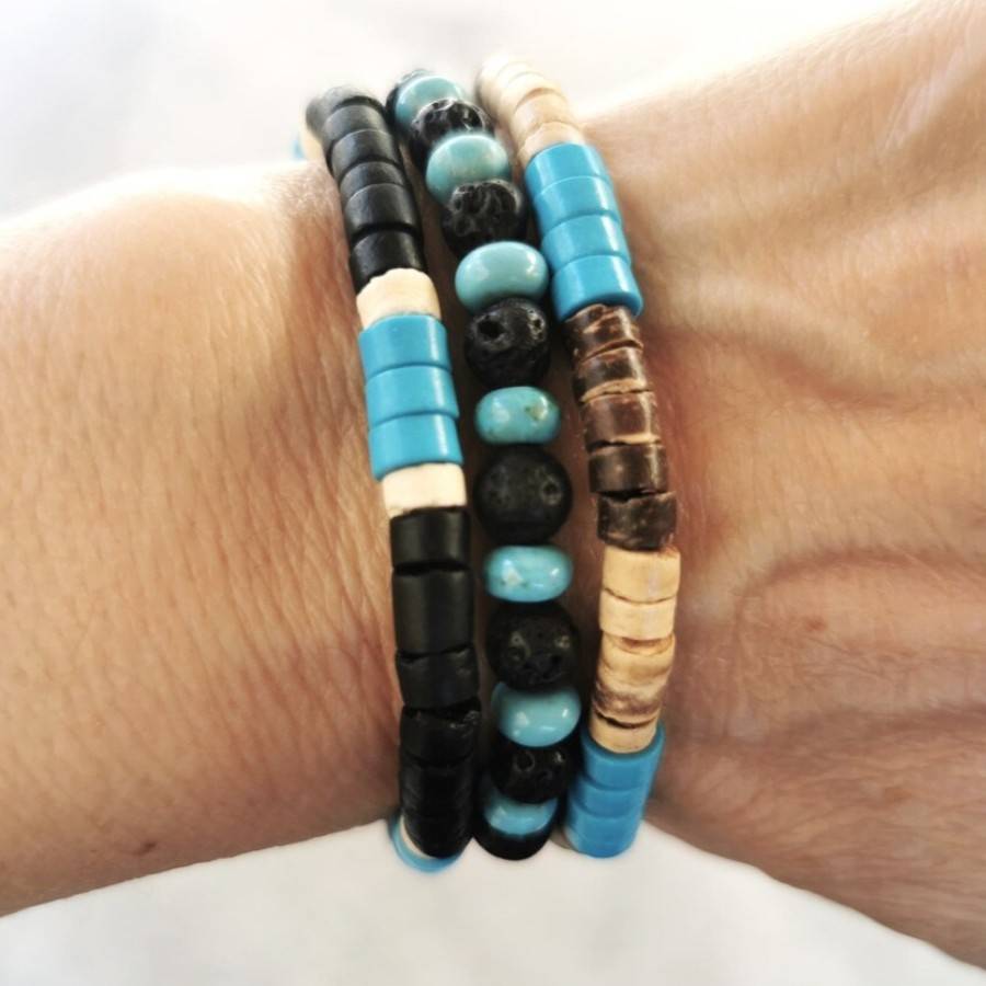 Handmade Beaded Volcanic Stone Turquoise Bracelet for Men, Retro Multi-Layered Elastic Stacked Wooden Beads, Coconut Shell Bracelet That Does Not Fade
