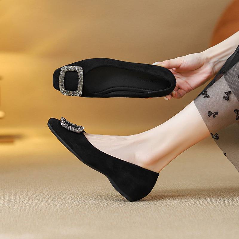 Retro Square-Toe Flats-Soled Rhinestone Flats for Women 2026 New French Evening Shoes Comfortable Soft-Soled Work Clothing Mary Jane Shoes