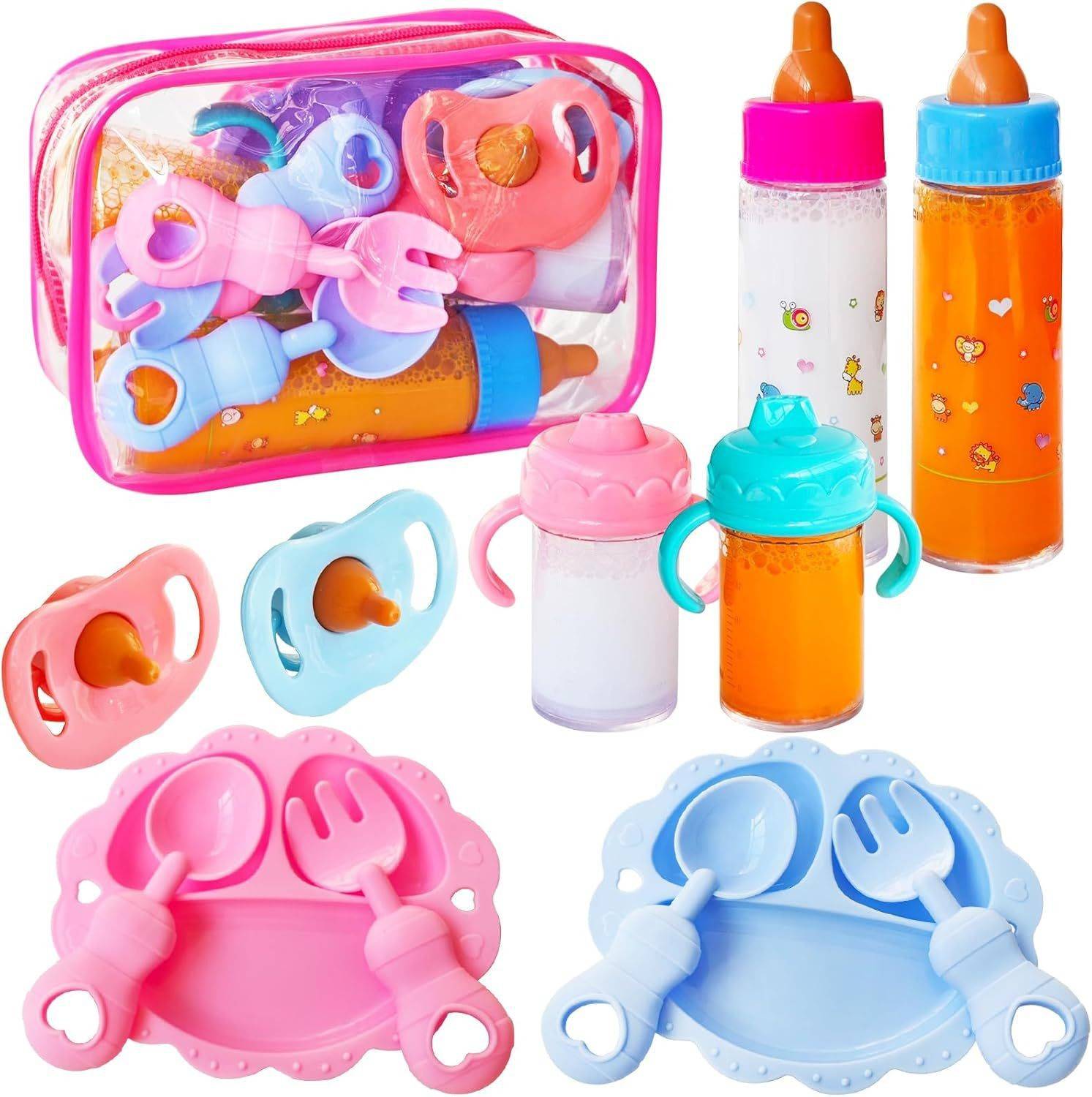 Cross-Border Pretend Play Simulation Doll Magic Feeding Bottle with Plate, Knife, Fork, Saliva Towel, Diaper Set Manufacturer Wholesale