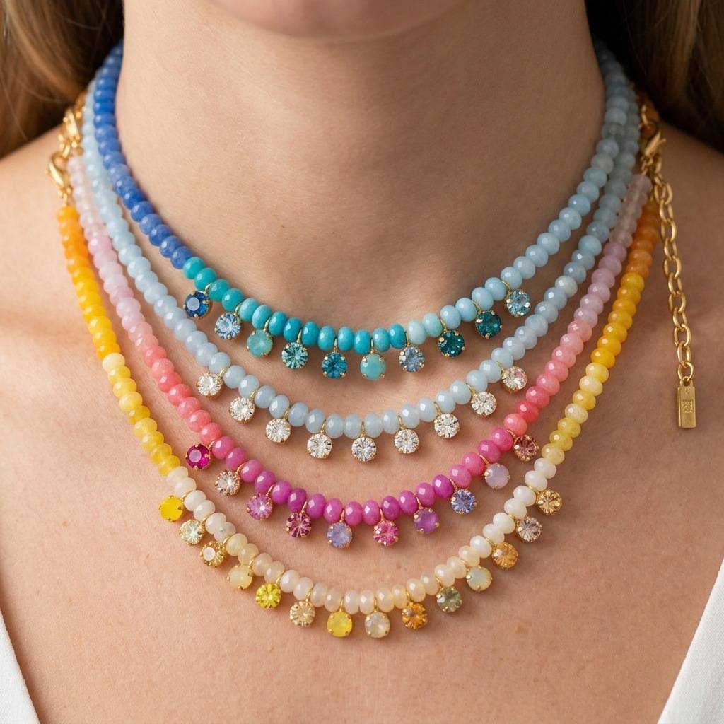 European and American Cross-Border Bohemian Style Beaded Necklace Dopamine Color Natural Stone Beads Gradient Zircon Pendant for Women