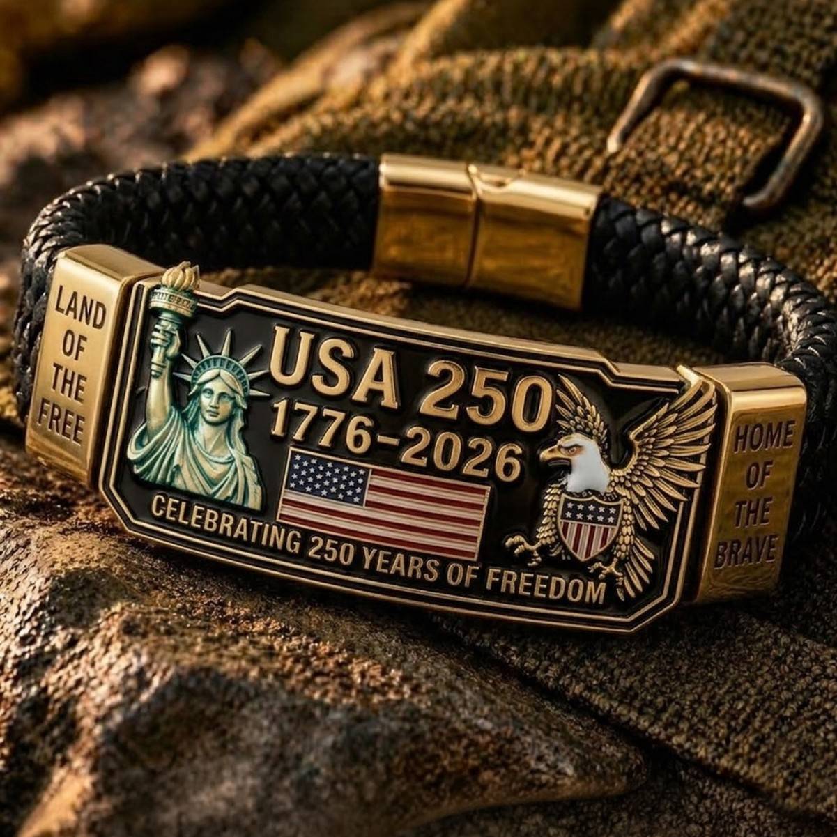 Cross-Border New Hot-Selling Usa 250Th Anniversary Commemorative Bracelet Metal Braided Men's Jewelry with American Liberty Goddess and Eagle Emblem