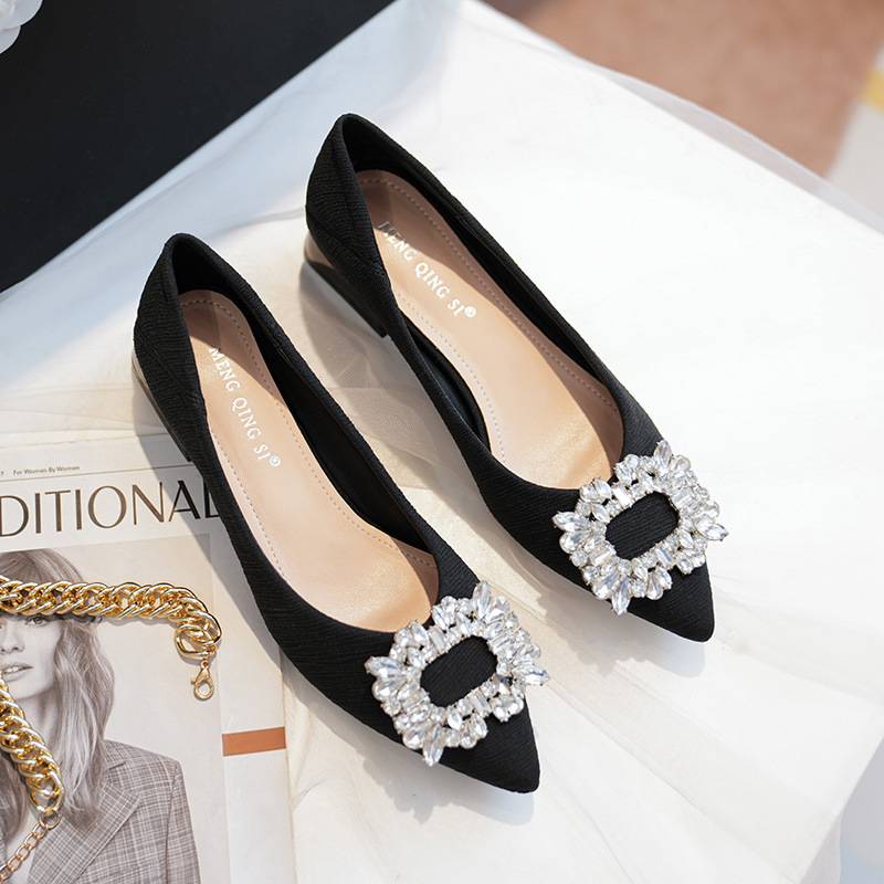 Pointed-Toe Elegant Lady's Shoes with Thick Heels 2025 Spring & Fall New Style Square Buckle Rhinestone Shallow Mouth Scoop Shoes Comfortable Large Size Women's Shoes