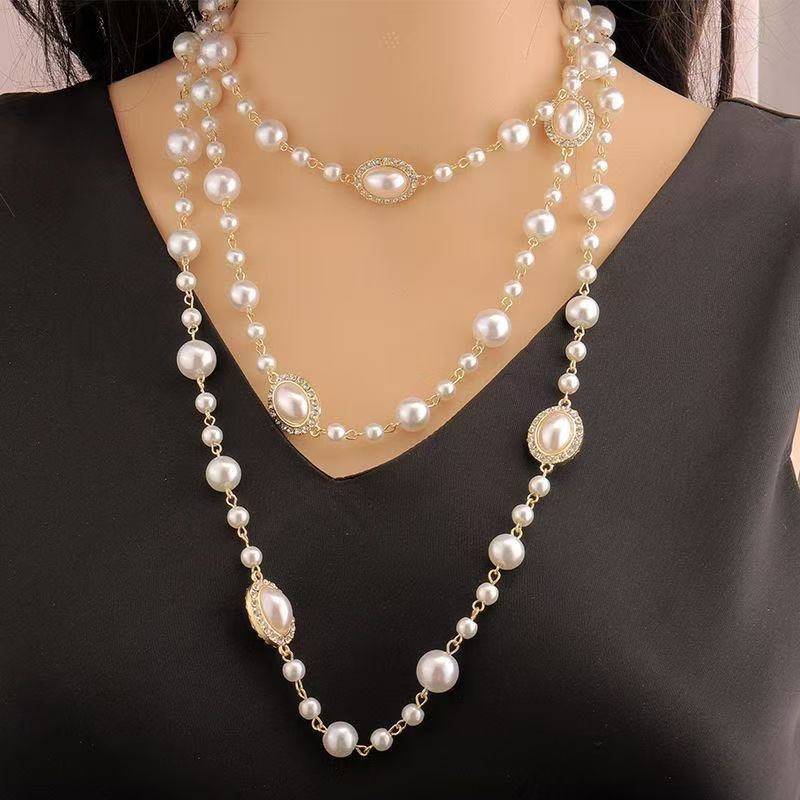 New French Fashion Pearl Necklace with a High-End Temperament, Double-Layer Sweater Chain, Niche Design Versatile Necklace Accessory