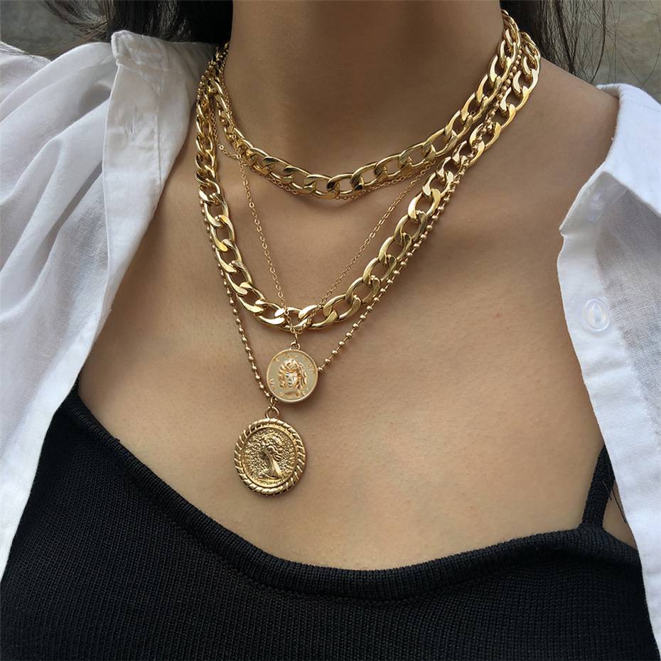Trendy Alloy Jewelry in Europe and America, Layered Portrait Necklaces with a Unique and Exaggerated Style, Niche High-End Necklaces for Women, Clothing Accessories