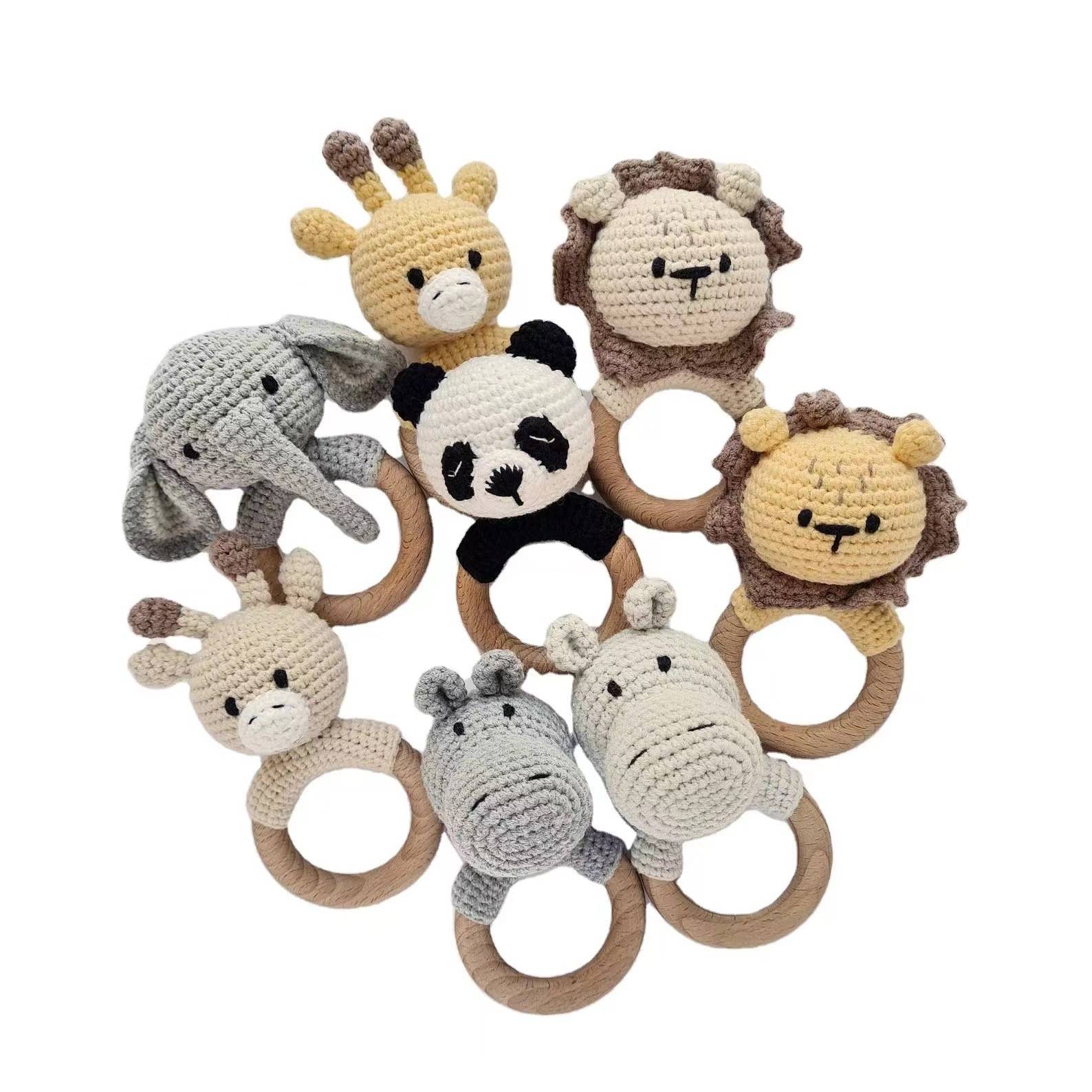 Crochet Rattle explosion baby animal Fox Crochet Rattle Wooden handmade soothing toy gift