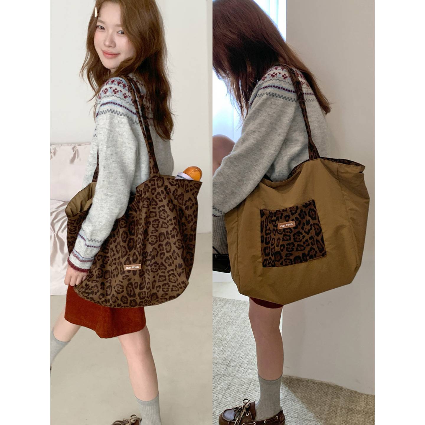 Retro Leopard Print Suede Double-Sided Bag Niche High-End Versatile Tote Bag Large Capacity Commuter Shoulder Bag K-Style