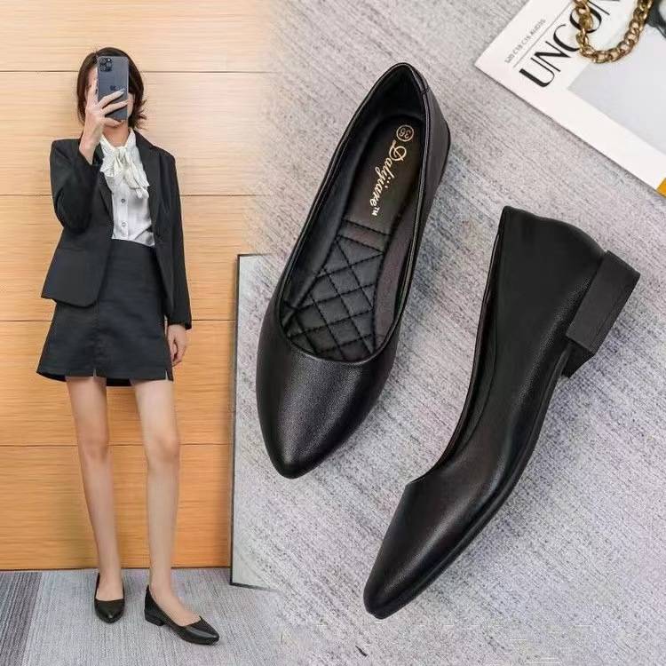 Work Shoes Women's New Black Summer Professional Work Tooling Women's Shoes Pointed Thick Leather Shoes Soft Leather Soft Sole Shoes