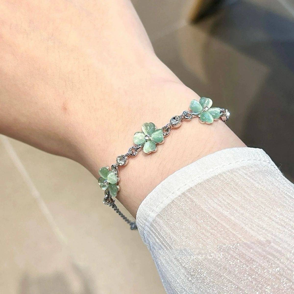 New Imitation Cat's Eye Stone Four-Leaf Clover Lucky Bracelet Necklace Green Star Wish Fashion Forest Style Best Friend Gift Wholesale