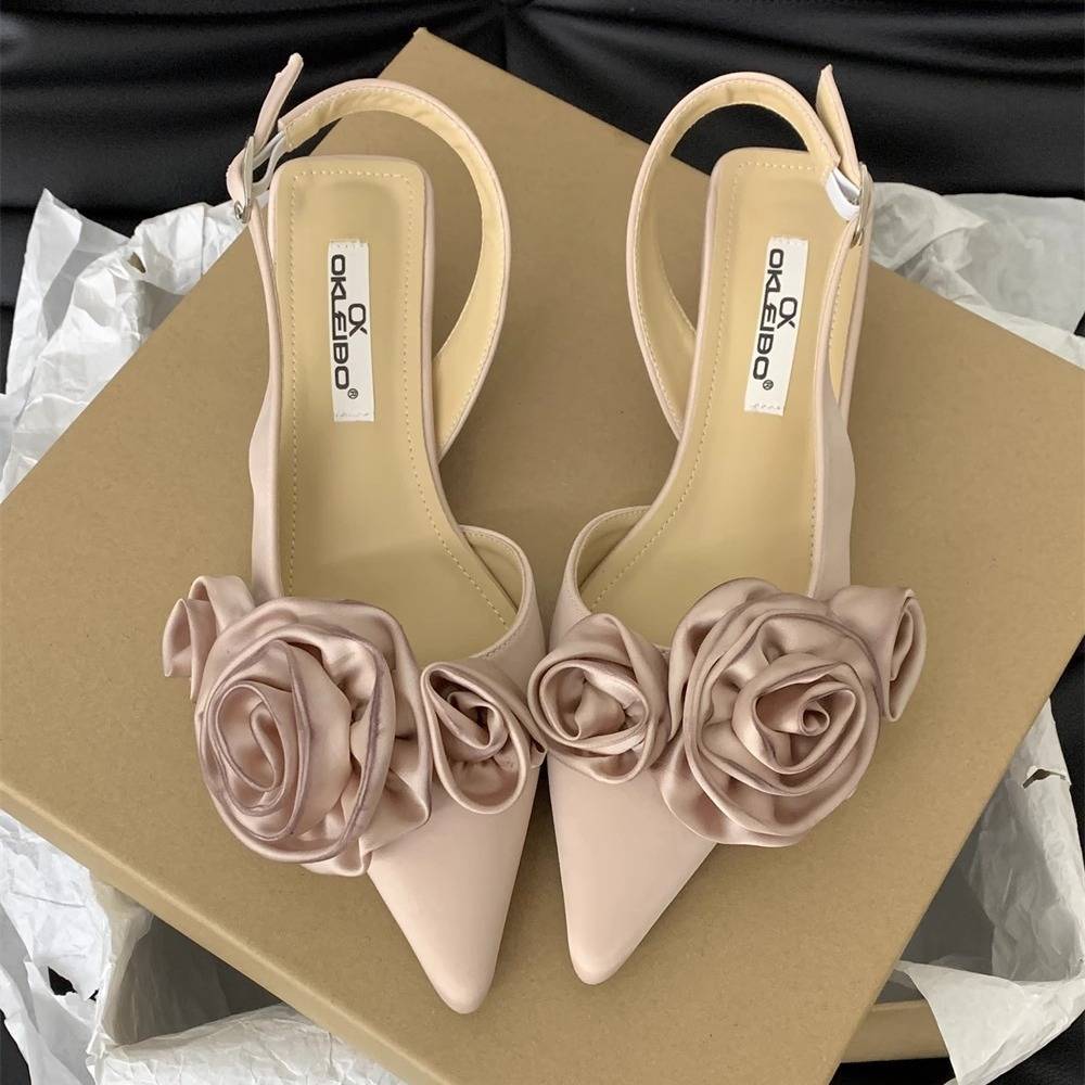 2024 new spring and summer pointed French flower black closed toe sandals fairy shoes evening ladies single-layer shoes