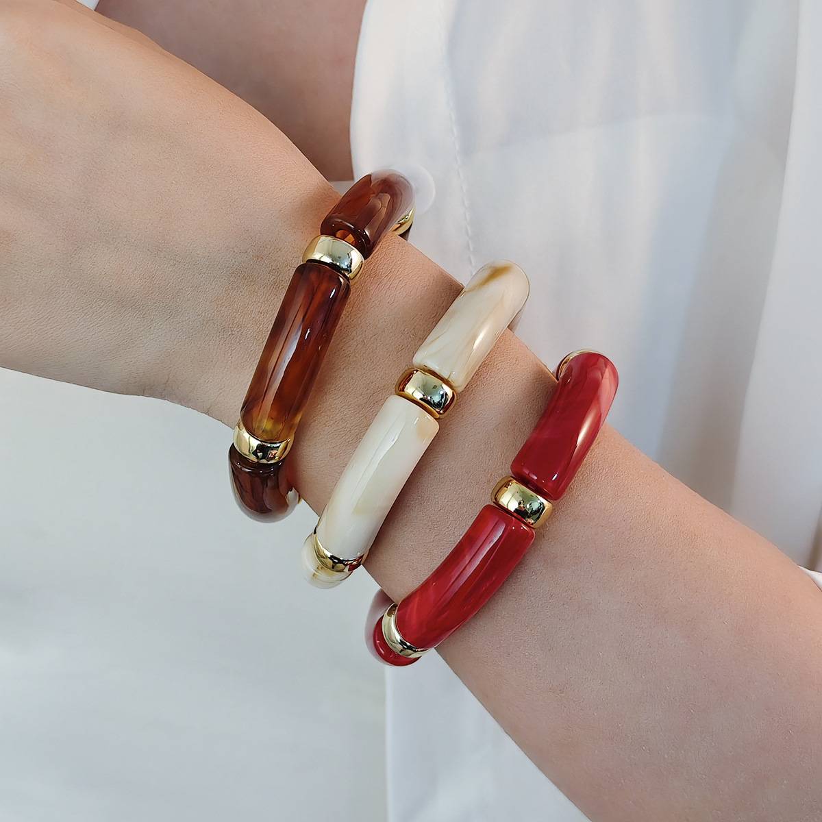 European and American Fashionable Personalized New Acrylic Elbow Bracelet Curved Bamboo Tube Multi-Color Retro Marble Pattern Bracelet