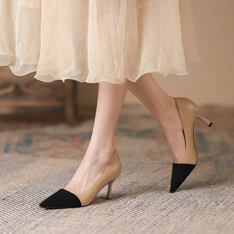 775-39 high heels 2025 summer new Korean color matching thin heel shoes women's commuter shallow mouth pointed women's shoes