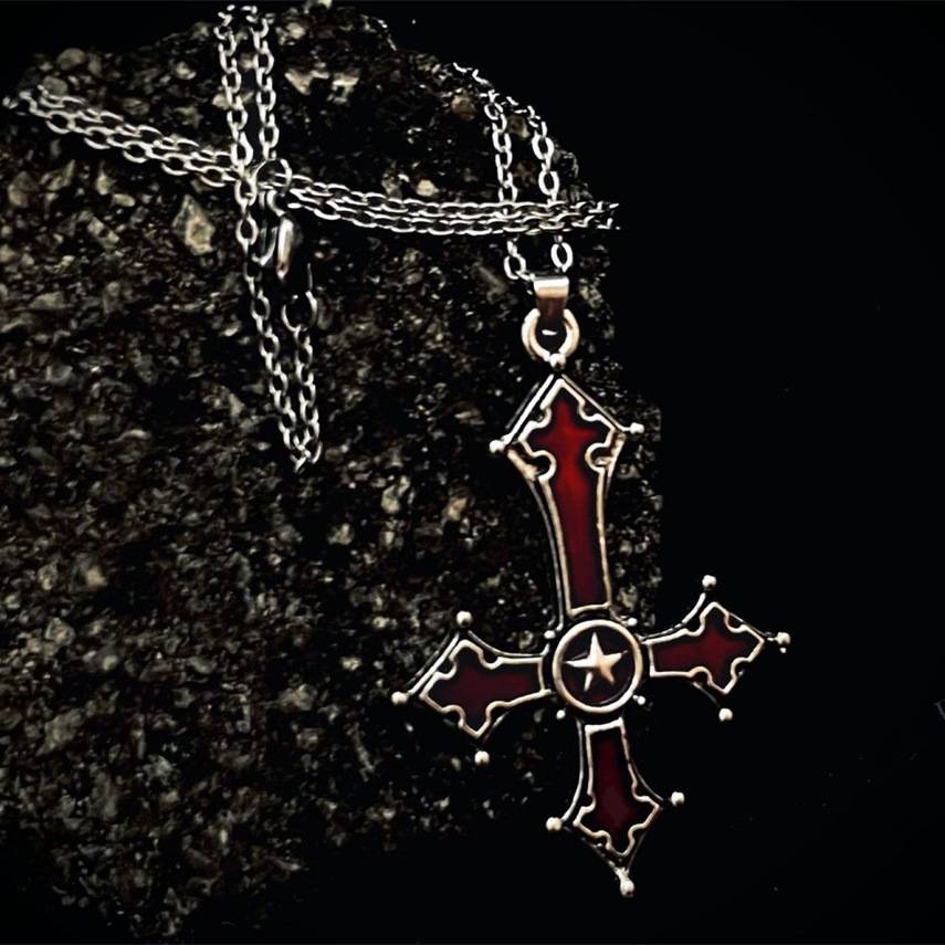 Amazon Cross-Border Blood-Red Gothic Inverted Cross Pendant Necklace Jewelry European and American Punk Style Cross Ornament