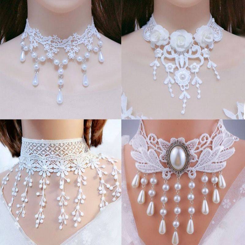European and American Accessories White Lace Necklace Neck Ornament Choker Female Clavicle Chain Tassel Collar Female Neck Strap