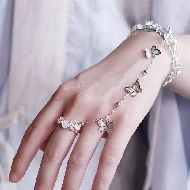 Heavenly Blessing Ancient Style Butterfly Ring Bracelet Bell Integrated Hanfu Jewelry Open Bracelet Court Jewelry