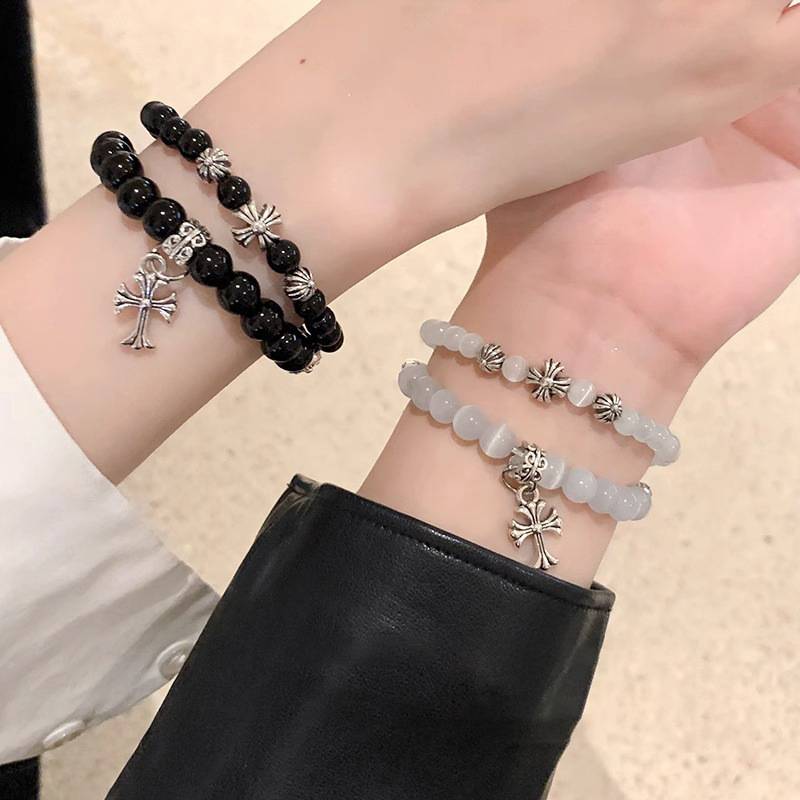 Cat's Eye Cross Beaded Women's Bracelet Best Friend Couple Elastic Cord Bracelet Casual Niche Hand Accessories Trendy