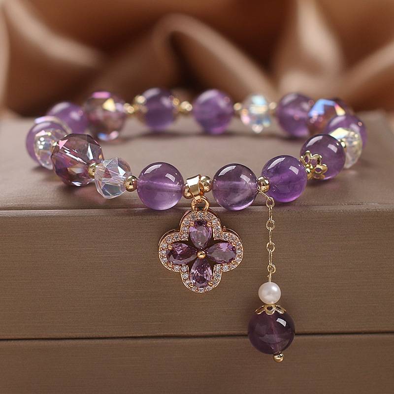 Imitation Amethyst Four-leaf Clover Bracelet Female Niche Design Entry Luxury Vintage Bracelet Bracelet for Girlfriends Birthday Gift