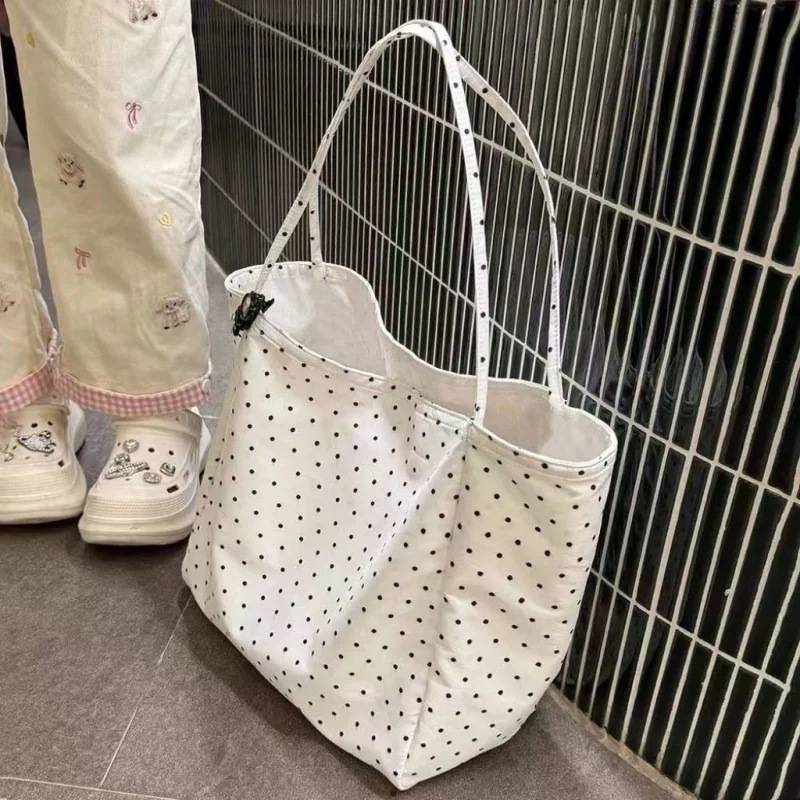 Popular Large-Capacity New Polka-Dot Canvas Bag Korean Style Girl Student Tote Bag Versatile Commuter Shoulder Bag