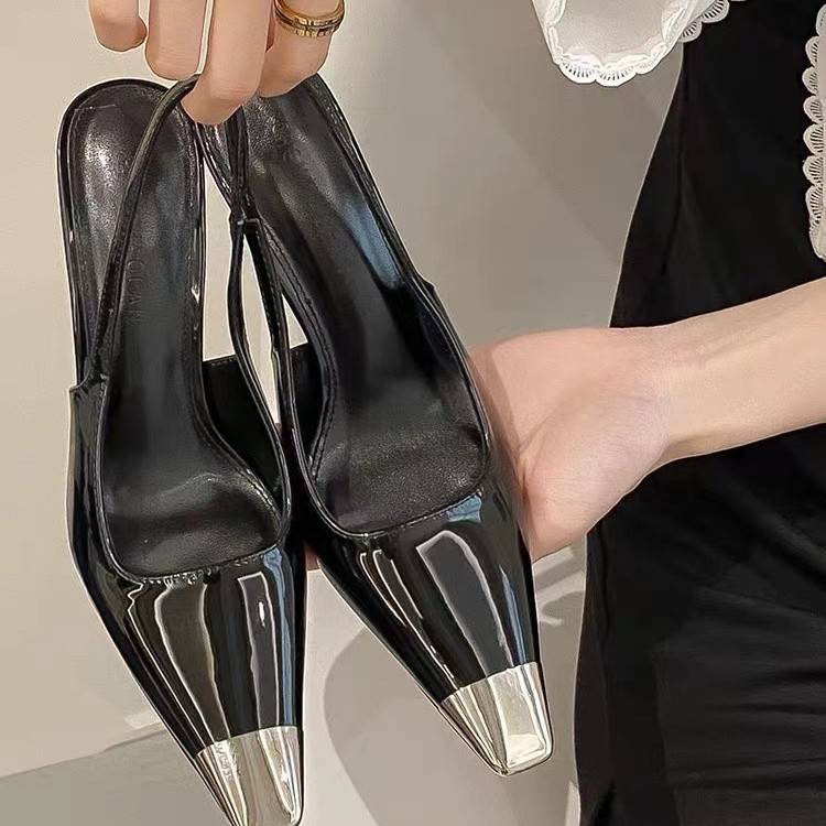 Women's Pointed High Heels Black Patent Leather Covered Sandals Women's Single Shoes Stiletto Heel Park Caiying Rose High Heels