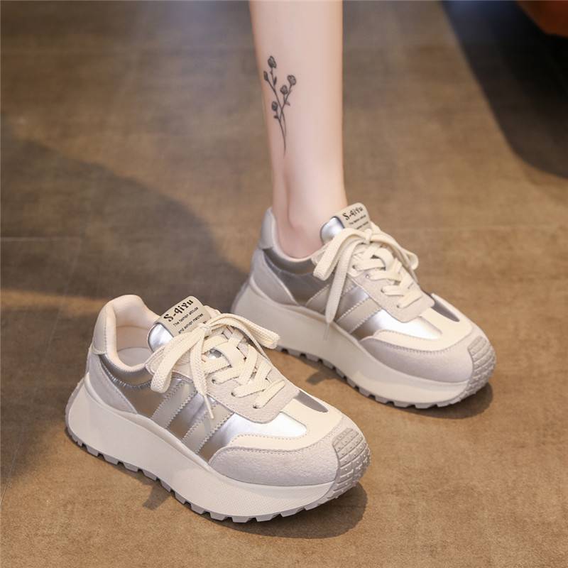 Thick-Soled Casual Women's Shoes Waffle Forrest Gump Shoes Women's 2024 New Autum Flats Women's Heightening Sports Silver Dad Shoes