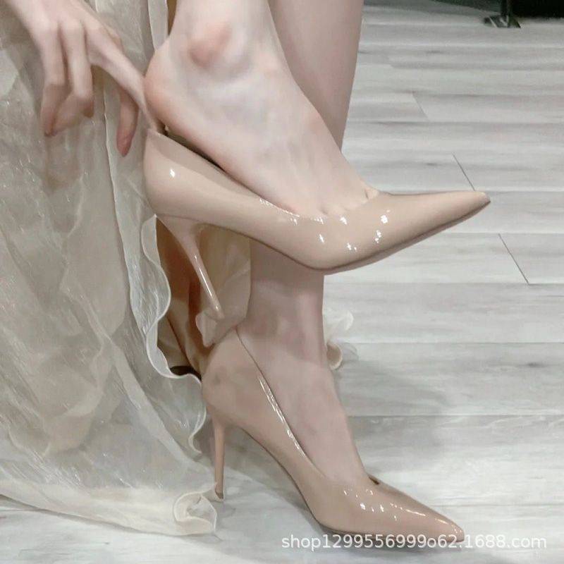 Nude Sexy Skirted Patent Leather High Heels, Feminine Ladylike Stiletto Heels, French Girl Pointed Toe Professional Shoes, Flats for Women