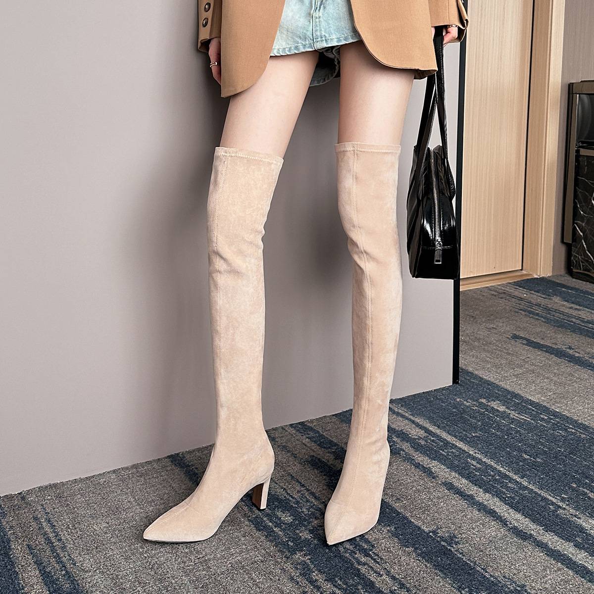 Pointed-Toe High-Heeled Over-The-Knee Boots, Long Boots for Women, Autumn 2025, Apricot Suede Elastic Slim Boots, Chunky Heel High Boots