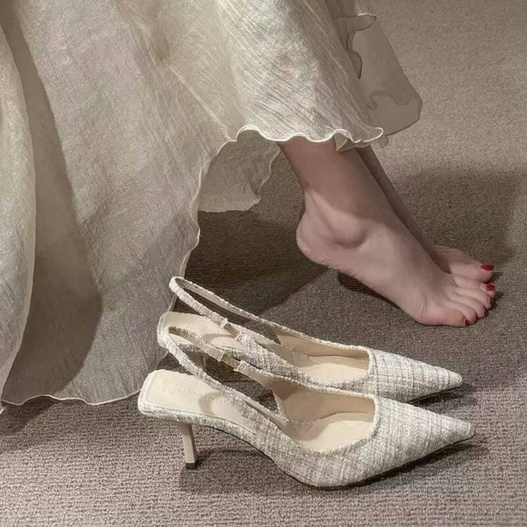 High-end Chanel Style High Heels Stiletto Heel Pointed Sandals Women's 202 Summer New Style Empty Pointed plus size Shoes