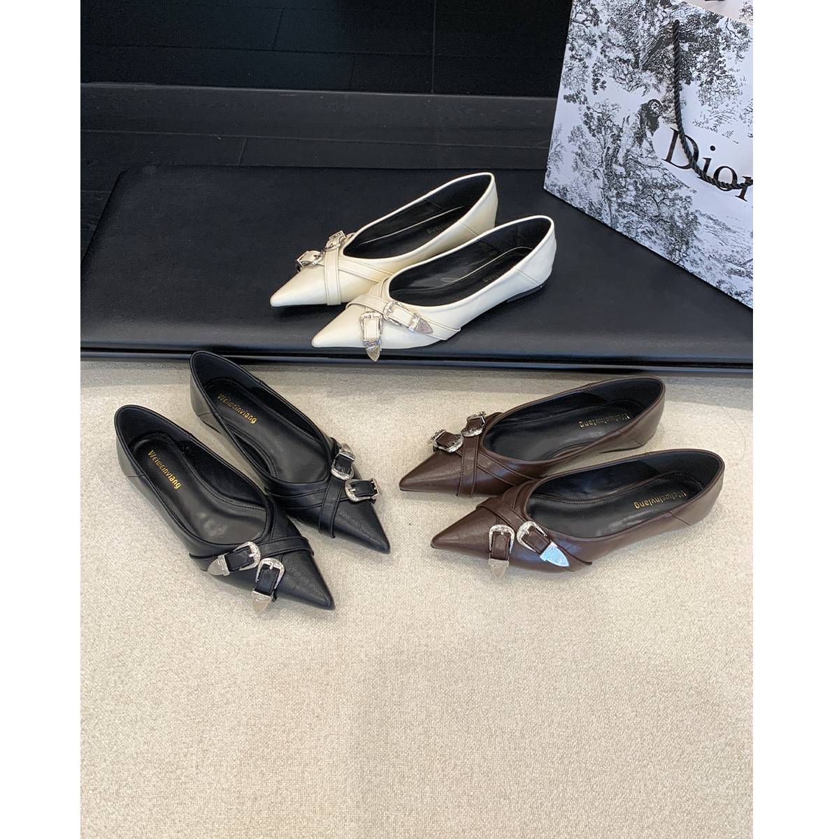 Weimei Girl -10 French Style Belt Buckle Single Shoes for Women, Summer Pointed Toe Shallow Mouth Commuter Versatile Flats