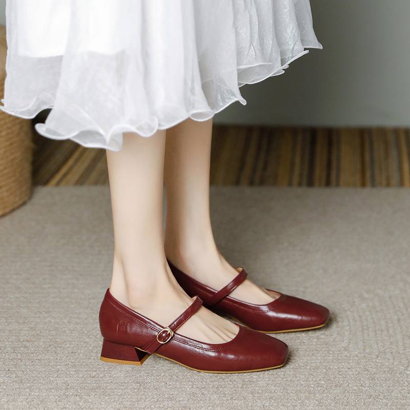 French Style Mary Jane Women's Shoes 2024 New Spring and Autumn Thick Heel Shallow Mouth Single-layer Shoes with Skirt Wine Red Low Heel Mother Shoes