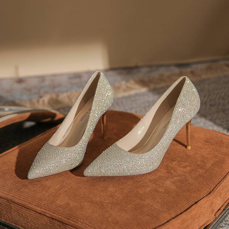6681-9 Korean Style Rhinestone High Heels Women's Wedding Shoes New Versatile Bright Diamond Women's Shoes Hot Diamond Pointed Toe Stiletto Shoes