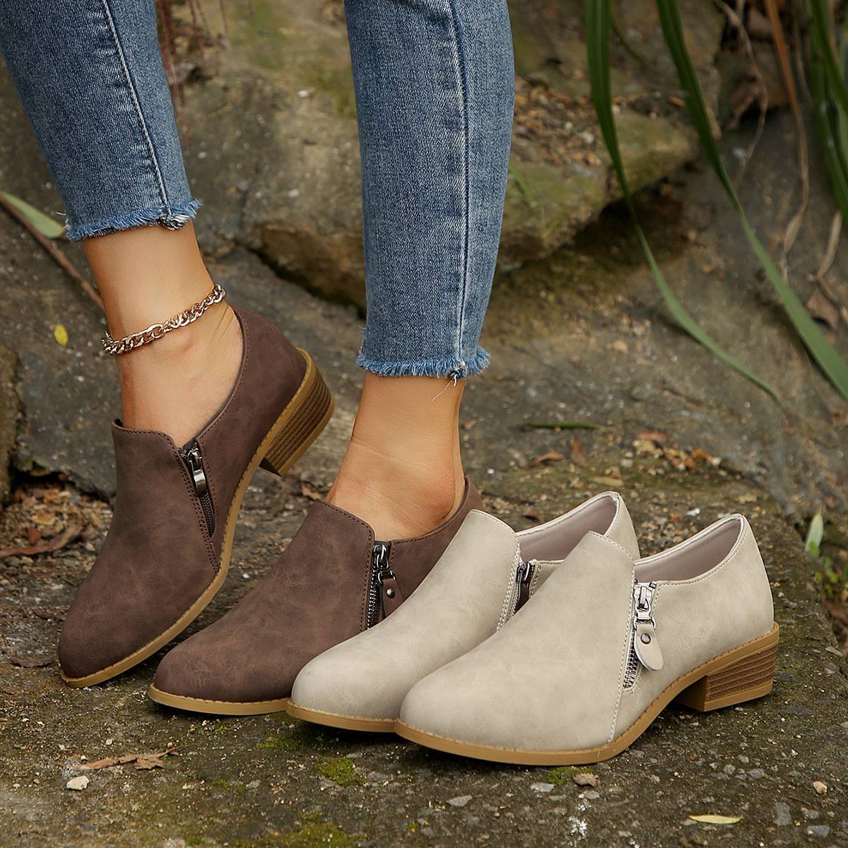 Foreign trade plus size retro style Chelsea boots 2024 autumn and winter new side zipper square heel single shoes European and American fashion women's shoes