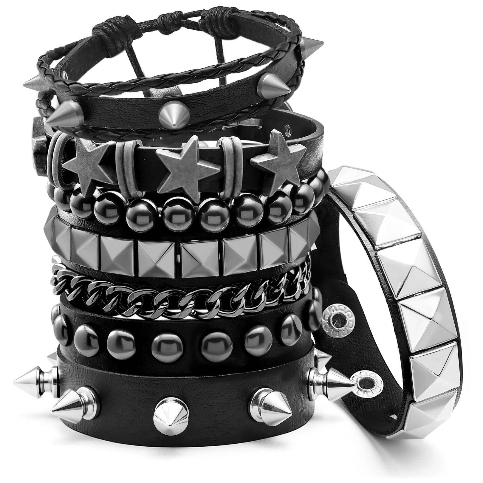 6 New European and American Style Multi-Layer Punk Chain Bracelets, Men's Bracelets, Hip-Hop Rivet Jewelry Accessories