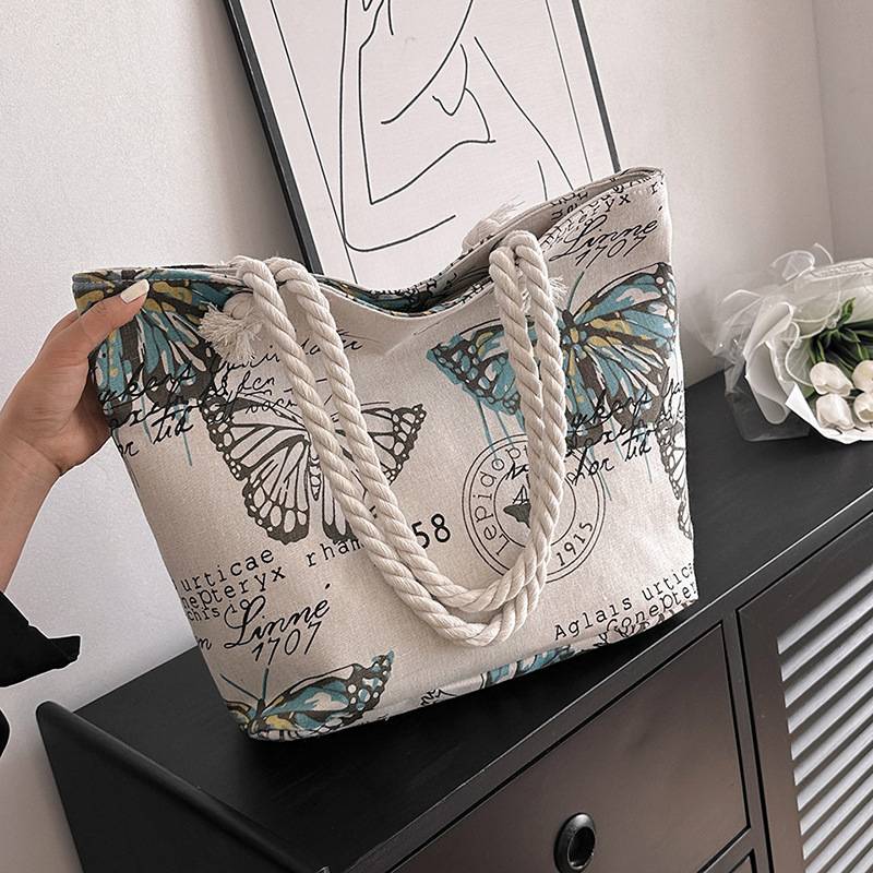 Creative Printing Shoulder Bag New Casual Fashion Canvas Women's Bag Korean Style Shoulder Crossbody Thick Rope Beach Bag