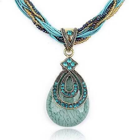 Cross-Border Popular Retro Ethnic Style Necklace European and American Fashion Bohemian Style Rice Beads Drop-Shaped Pendant Sweater Chain