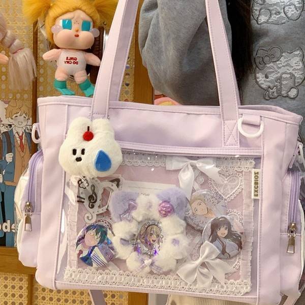 High-Appearance Crossbody Bag, Stain-Resistant Nylon Fabric, Transparent Compartment, Grain-Patterned Bag, Shoulder Bag, College Style, Fresh and Simple Tote Bag