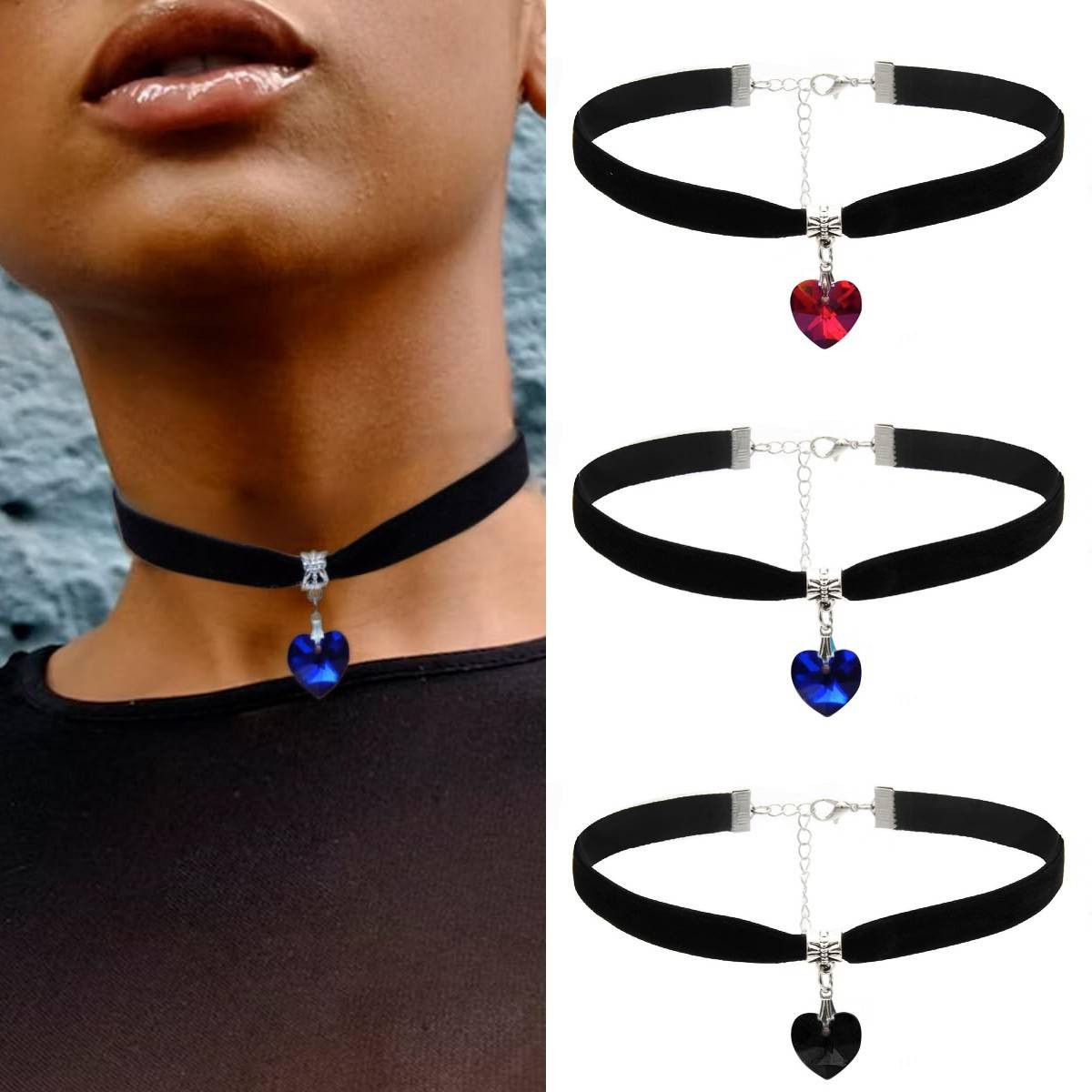 Amazon's Best-Selling Peach Heart Necklace Love Heart-Shaped Crystal Pendant Harajuku Retro Lace Velvet Short Necklace Collar