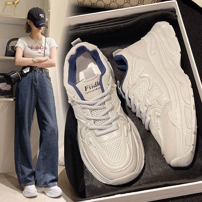 This Year's Popular Dad Shoes for Women 2025 New Spring and Summer Mesh Women's Shoes Popular Thick-Soled Casual White Sneakers