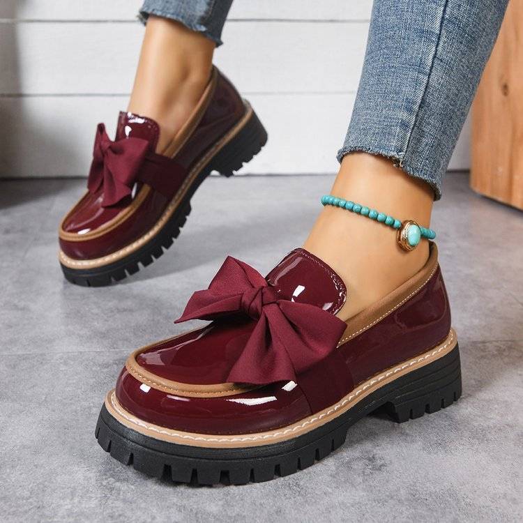 Large Size Women's Loafers for Spring and Autumn, with Bowknot, British Style Leather Shoes, Chunky Heel, Thick Sole, Vintage Single Shoes for Export