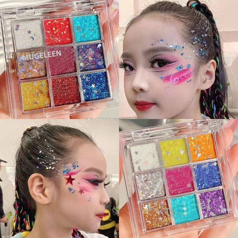 Children's Stage Makeup Nine-Colorful Sequin Eye Shadow Colorful Eye Shadow Palette Pearlescent Glitter Sequins Green Blue