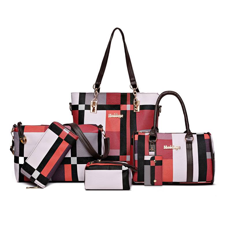 2026 New Women's Bag Classic Plaid Pattern Six-Piece Set of Mother-Daughter Bags, Shoulder Bag, Crossbody Bag, Handbag, Wallet, Card Holder Wholesale