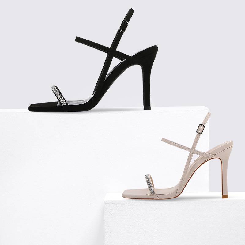 2024 New Summer Stiletto Sandals Women's Black Rhinestone Straight Buckle Korean Internet Celebrity High Heels Women's Shoes