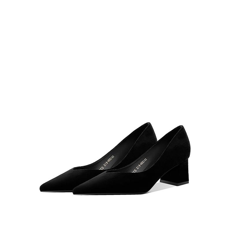 Formal High Heels Women's Thick Heel 2025 New Suede Shallow Mouth Pointed Toe Flats 5cm Medium Heel Professional Black Women's Shoes