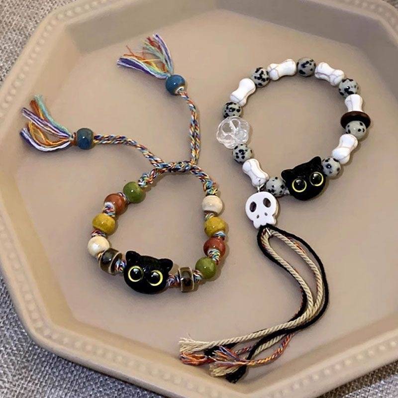 Skull Cat Ceramic Woven Rope Bracelet Female Niche Design Sweet Cool Chinese Style Tassel Color Bracelet