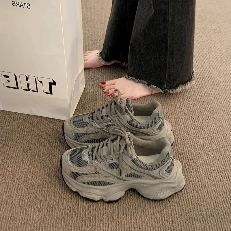 Retro Thick-Soled Gray Dad Shoes for Women, 2026 Spring New Model, Mesh Breathable Casual Sneakers That Make Feet Look Smaller