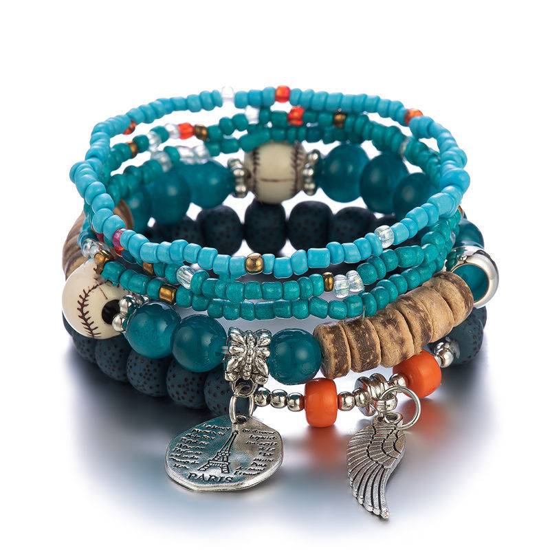 European and American cross-border hot bracelet suit colorful bohemian ethnic style multi-layer elastic rice beads bracelet jewelry for women