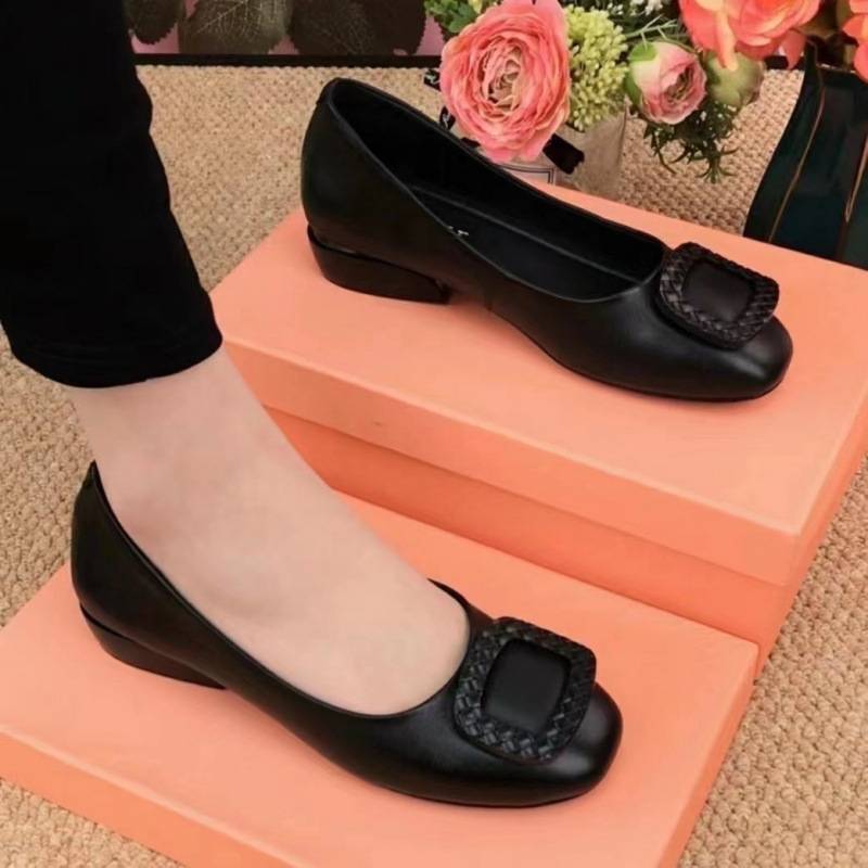 Women's New Low-Heeled Shallow Mouth Single Shoes for Foreign Trade Cross-Border, Versatile Soft Leather Comfortable Shoes for All Seasons