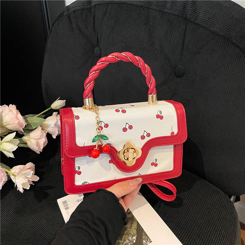 Cute Cherry Print Shoulder Bag 2026 New Twist Small Square Bag Fresh Color-Blocking Design Women's Handbag