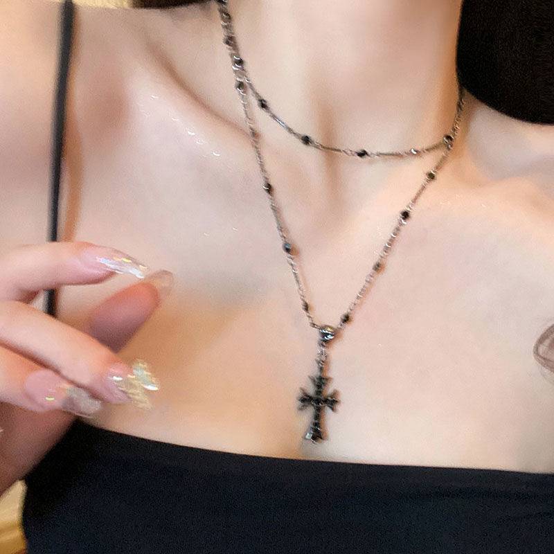 European and American Dark Zircon Cross Beaded Necklace for Women, Summer Long Double-Layer Stacked Neck Chain Pendant Clavicle Chain