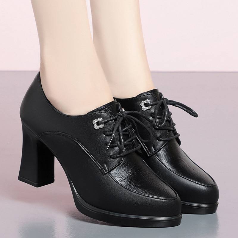 Dropshipping 2024 New Women's Shoes Spring and Autumn Single Shoes Middle-Aged Women's High Heels Lace-Up Women's Leather Shoes